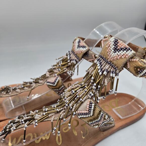Sam Edelman Anella Leather Beaded Fringe Thong Sandals Size 8.5 Boho T Strap - Picture 4 of 6